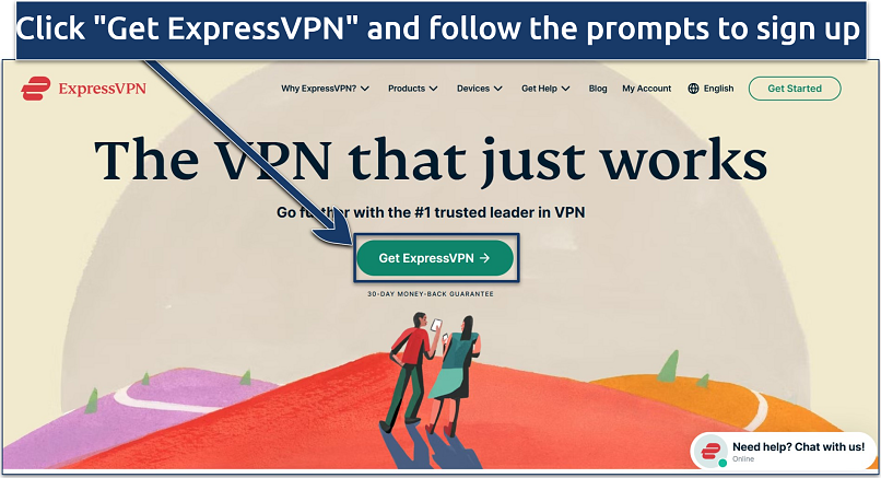 Screenshot of ExpressVPN’s website landing page with Get ExpressVPN button in focus