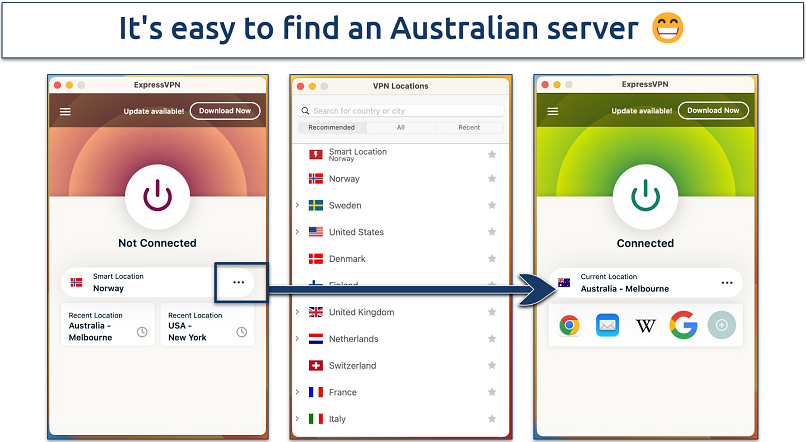 Screenshot of the server list in the ExpressVPN app