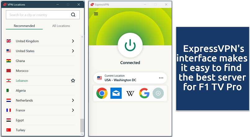 Screenshot of ExpressVPN’s Windows app connected to a server in Washington, US