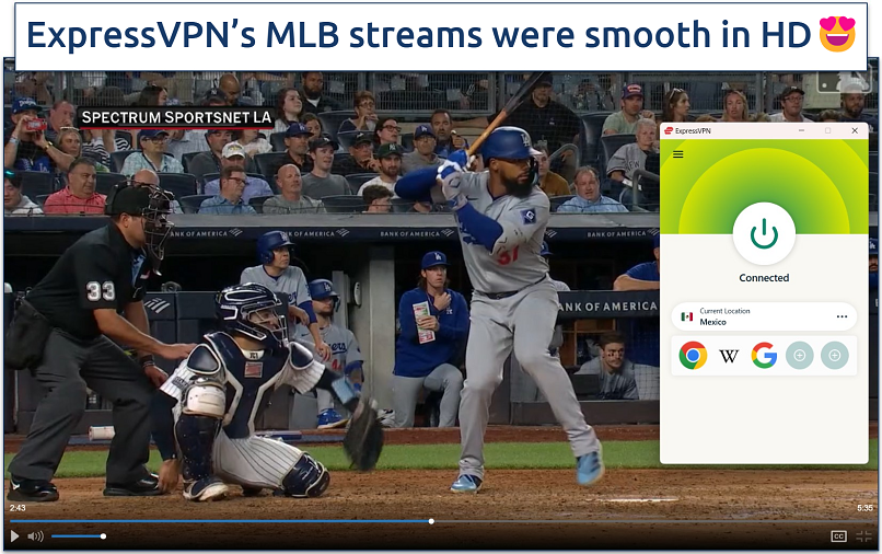 Screenshots of streaming MLB on MLB.tv while connected to ExpressVPN’s Mexico server