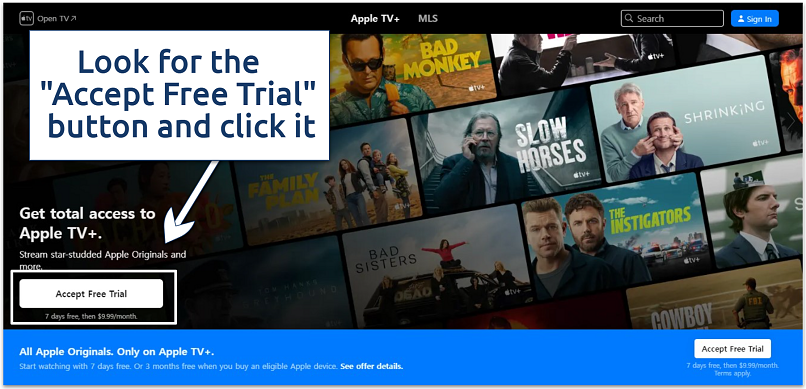 A screenshot of the Apple TV+ site offering a free trial