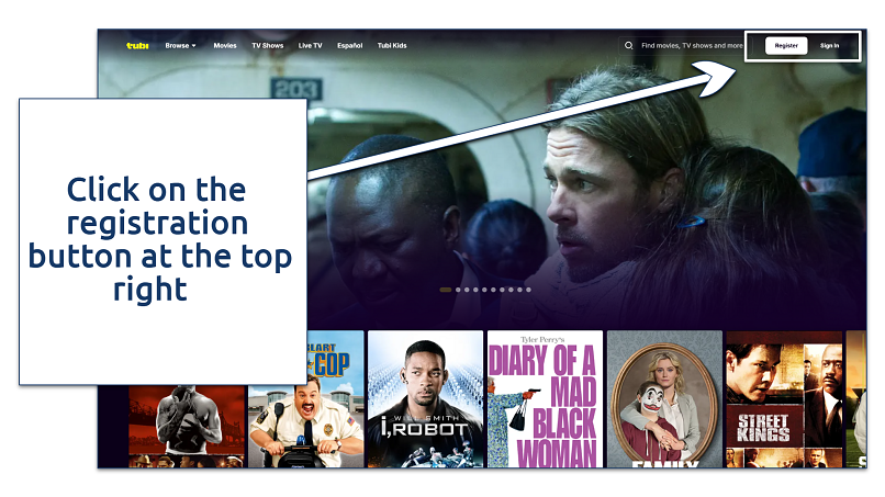 A screenshot showing Tubi’s home page