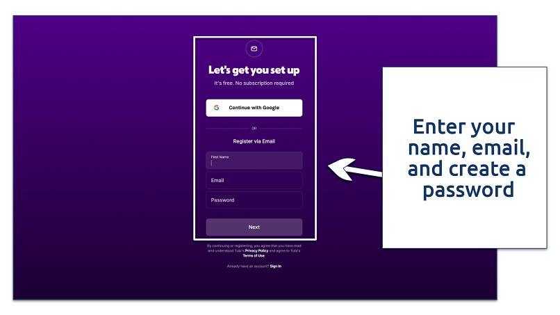 A screenshot showing Tubi’s registration page
