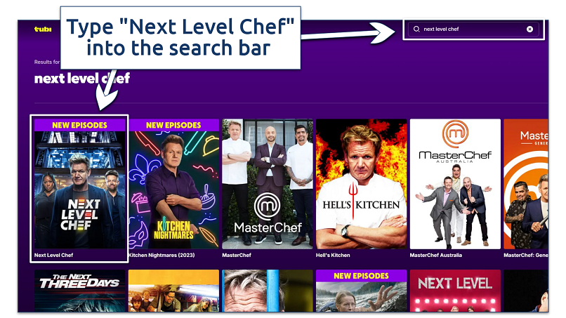 A screenshot showing Tubi’s search feature