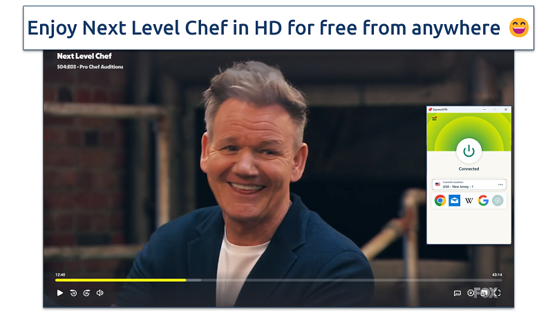 A screenshot showing Next Level Chef playing on Tubi using ExpressVPN