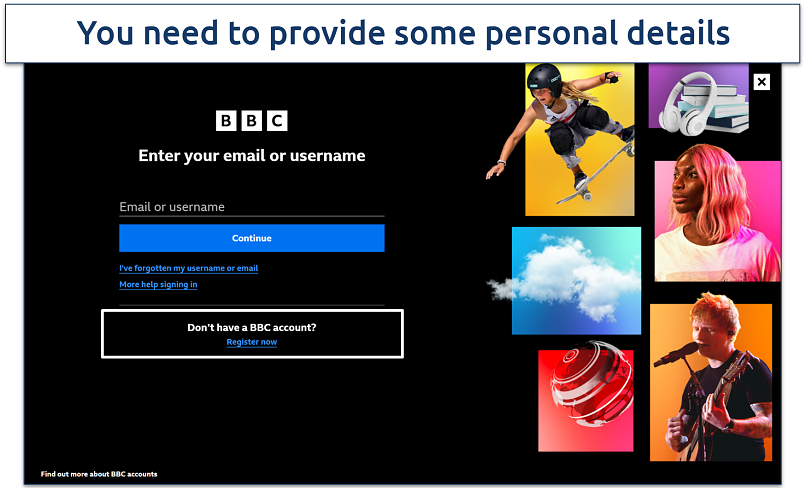 Screenshot of BBC’s login page