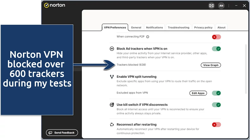 Screenshot of Norton VPN's settings 