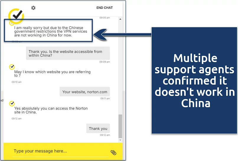 Screenshot of a conversation with Norton VPN customer support regarding the VPN use in China