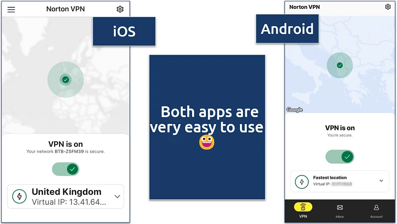 Side-by-side screenshots of iOS and Android Norton VPN apps