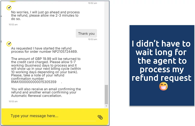 Screenshot of a conversation with Norton VPN support, asking for a refund