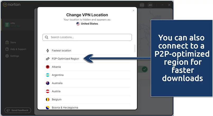 Screenshot of Norton VPN's server list