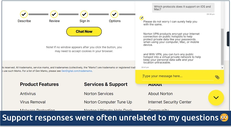 Screenshot of a conversation with Norton VPN's live chat agent