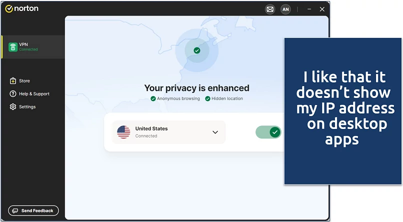 Screenshot of Norton VPN's Windows app connected to a US server