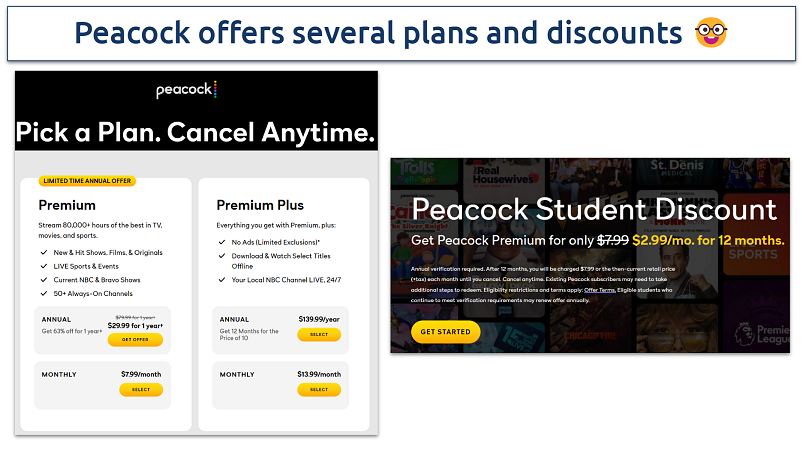 Screenshot showing the Peacock plans and discounts pages