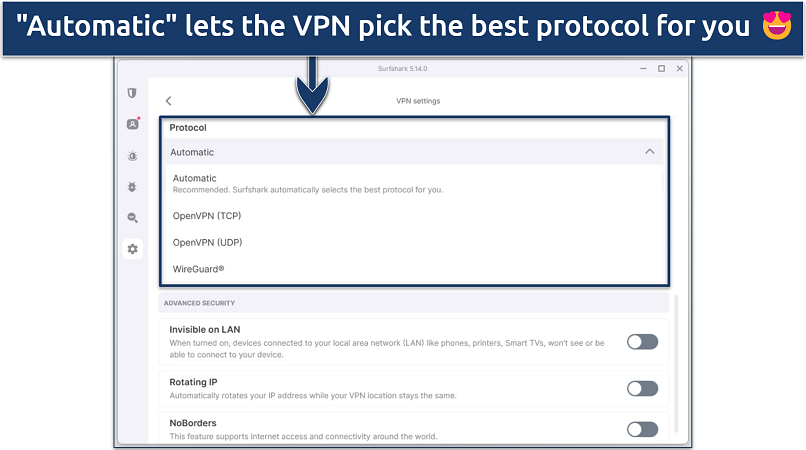 Screenshot showing Surfshark’s VPN settings window