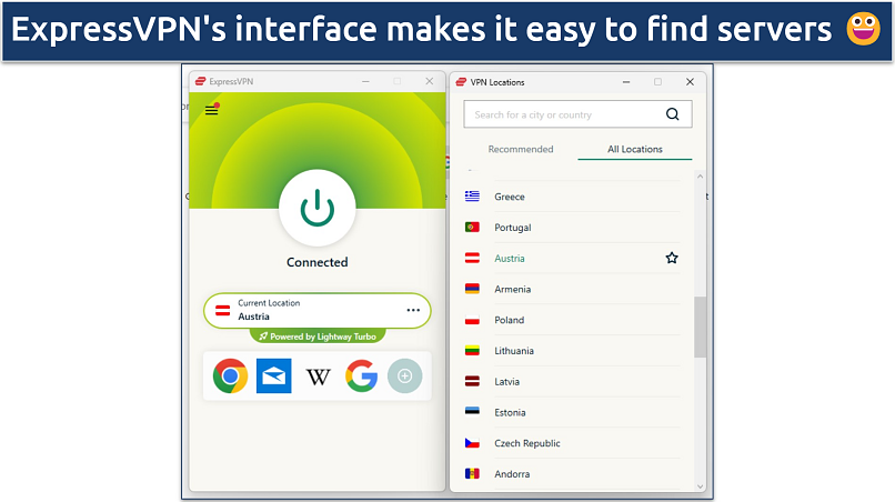 Screenshot of the ExpressVPN app showing some of its server locations
