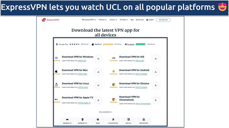 Screenshot showing various platforms that ExpressVPN supports