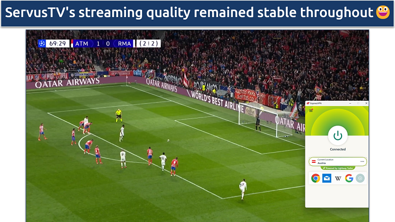 Screenshot of a UCL match playing on ServusTV with ExpressVPN connected to an Austria server