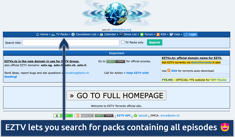 Screenshot showing the EZTV homepage