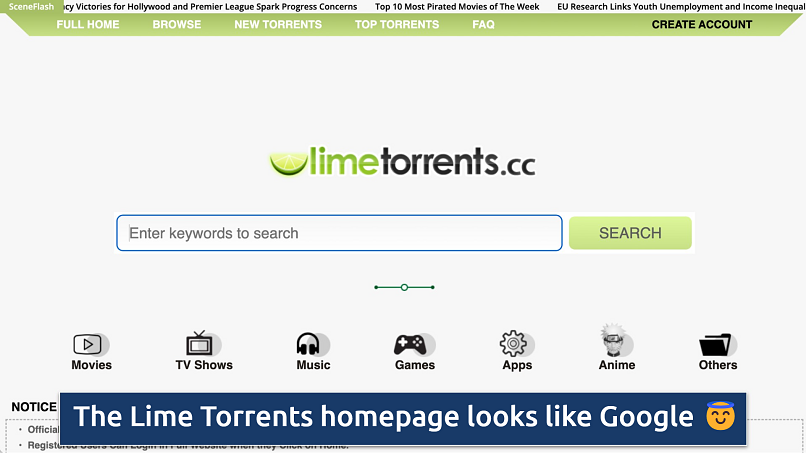 Screenshot showing the Lime Torrents homepage