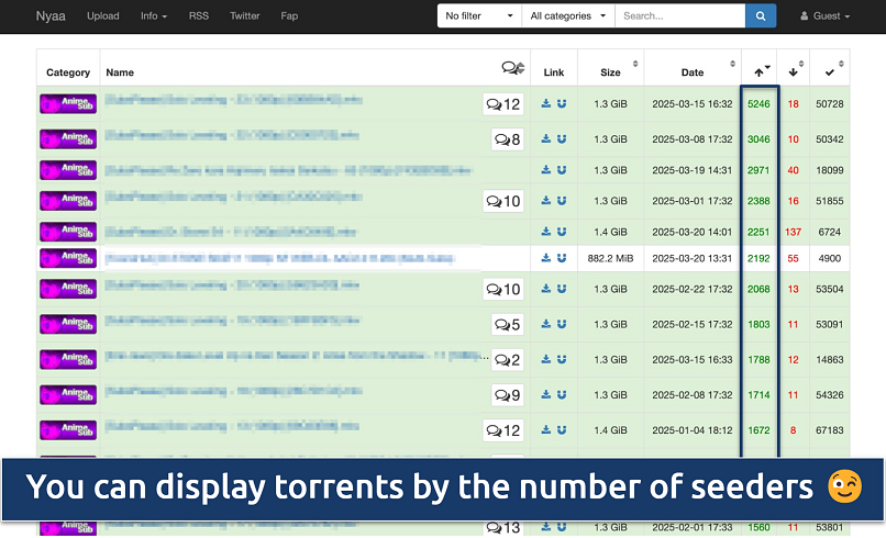 Screenshot showing the Nyaa homepage