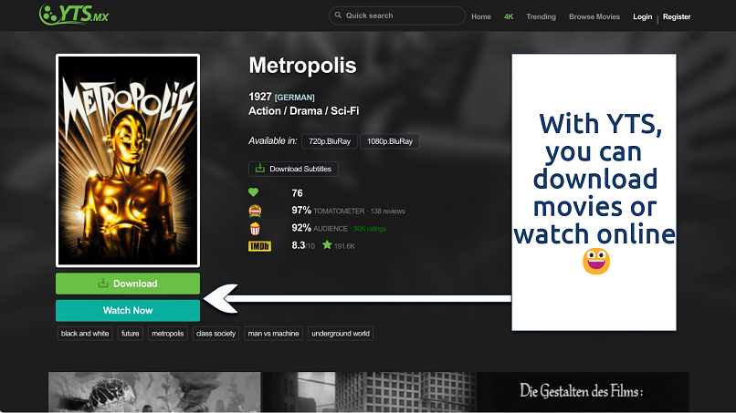 Screenshot showing the Metropolis movie download page on YTS
