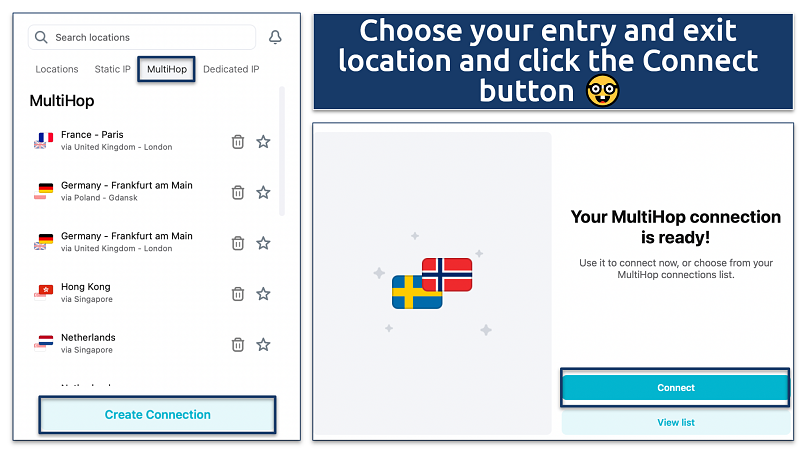 Screenshots showing Surfshark's MultiHop feature