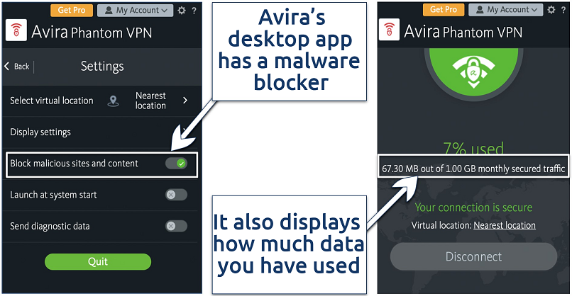 Screenshot showing settings and main app interface of Avira’s Windows app