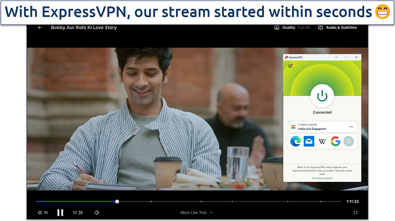 Image showing ExpressVPN’s India servers streaming content on Hotstar