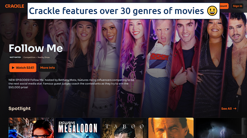 Screenshot of the Crackle homepage