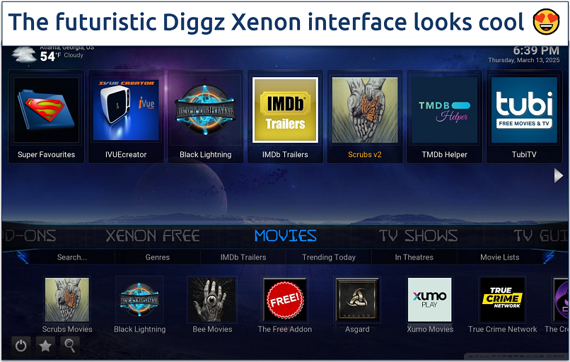 Screenshot of the Diggz Xenon Free Kodi menu interface