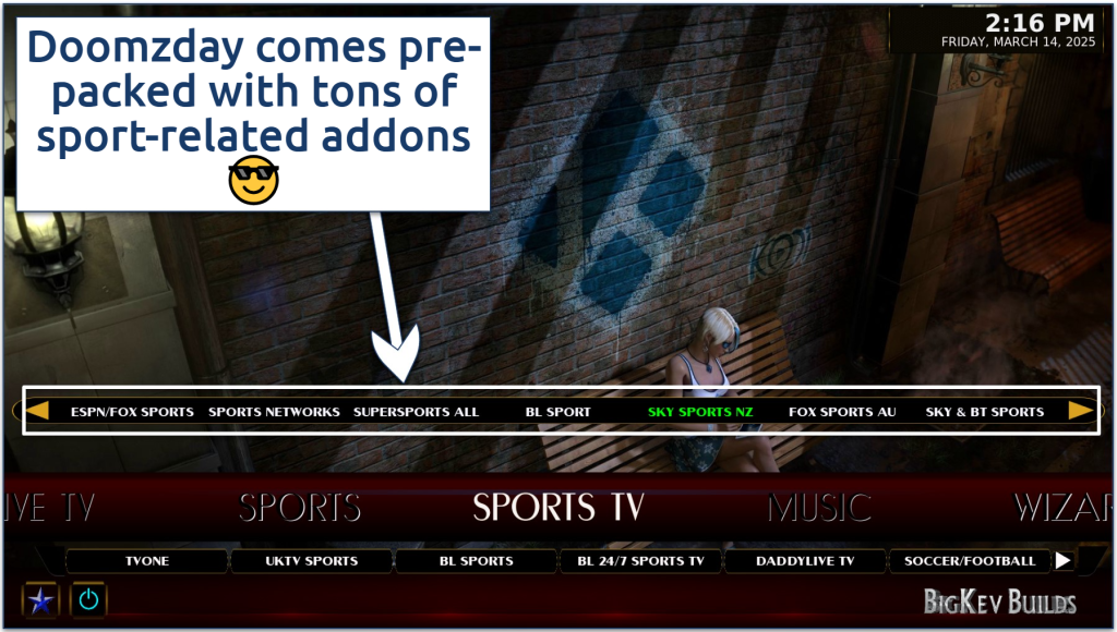 Screenshot of the Doomzday BigKev - NOVA Kodi interface with its Sports TV menu