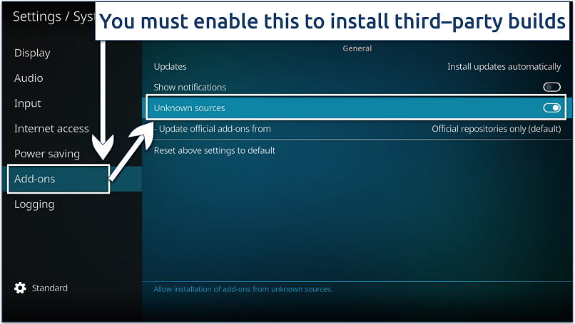 Screenshot of the Kodi System Add-ons menu with the Unknown sources option enabled