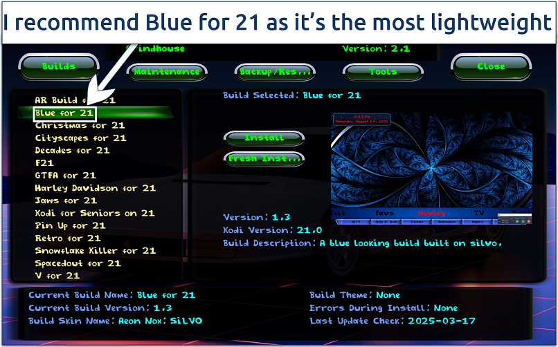 Screenshot of Grindhouse’s builds list