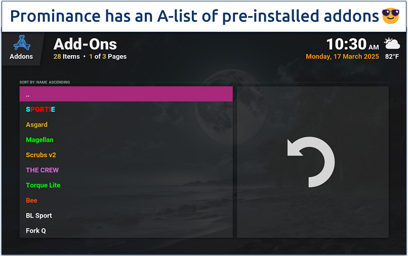 Screenshot of the pre-installed addons list found in the Prominance Kodi build