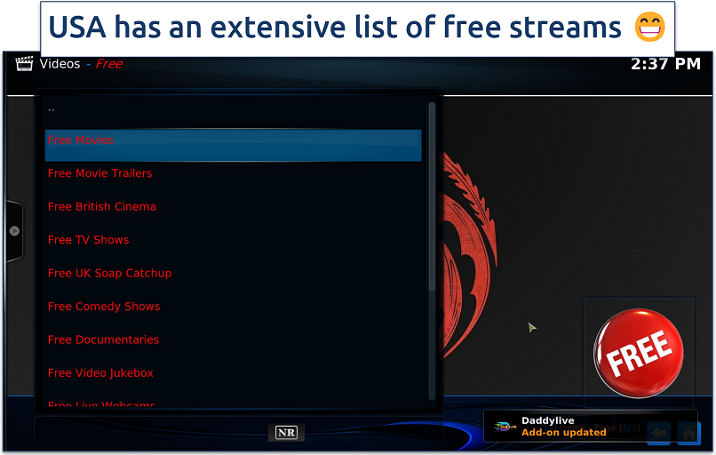 Screenshot of the Free Videos category in the USA Kodi build