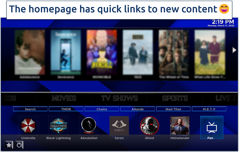 Screenshot of the Xontrix build home page with its popular streaming content