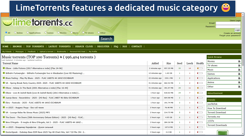 Screenshot of LimeTorrents' website with the top 100 music torrents
