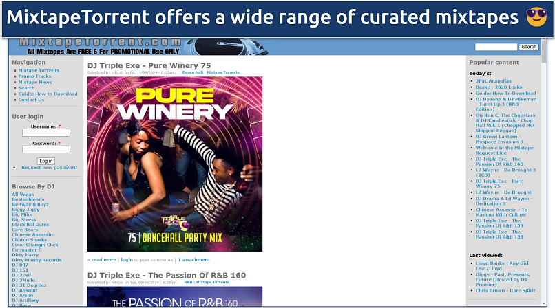 Screenshot of MixtapeTorrent’s homepage