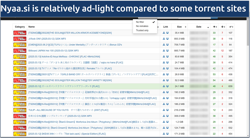 Screenshot of Nyaa.si with a list of music torrents