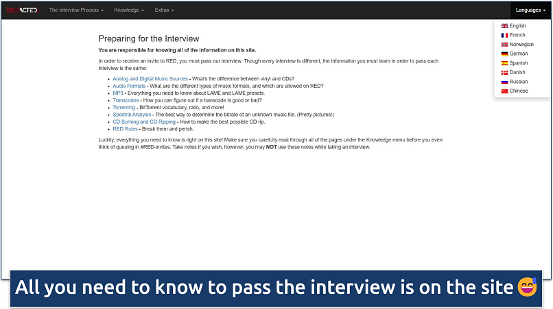 Screenshot of REDacted interview requirements