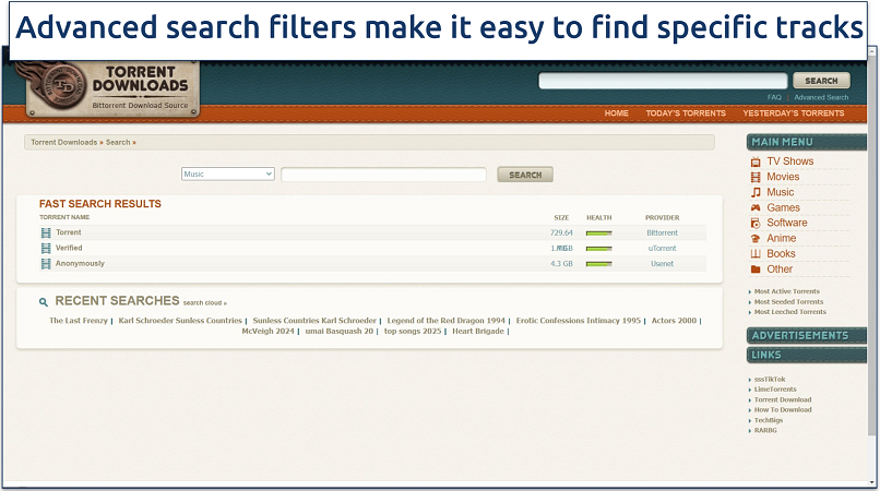 Screenshot of TorrentDownloads music search categories