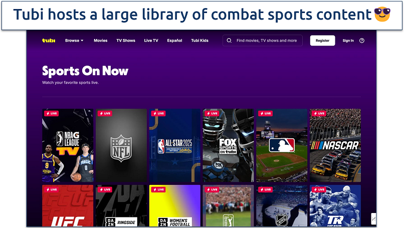 Screenshot of Tubi sports category showing combat sports
