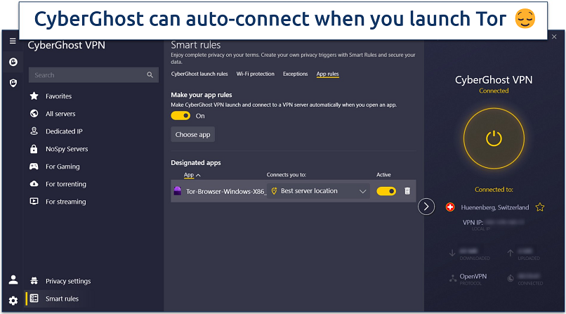 Screenshot of CyberGhost’s Windows app with the Smart Rules tab open