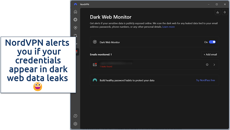 Screenshot of NordVPN’s Windows app with its Dark Web Monitor feature