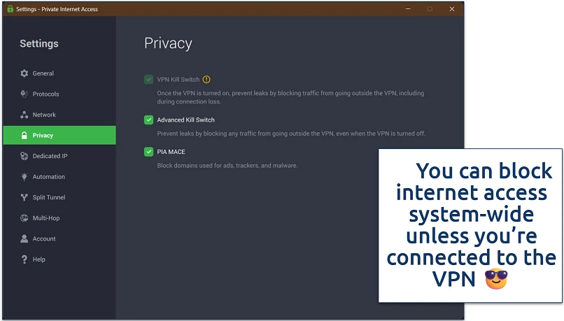 Screenshot of PIA's Windows app with its kill switch options