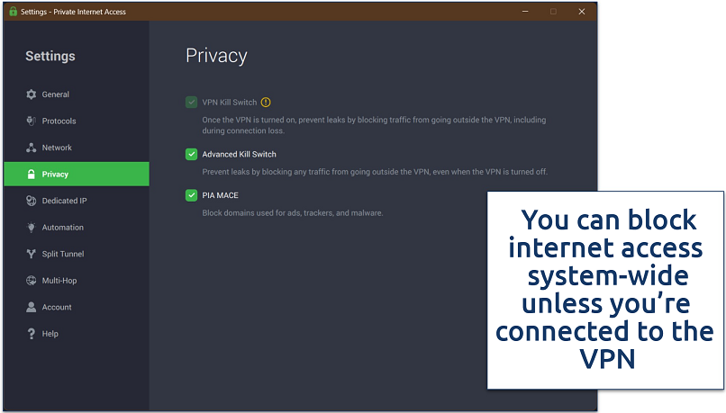 Screenshot of PIA’s Windows app with its kill switch options