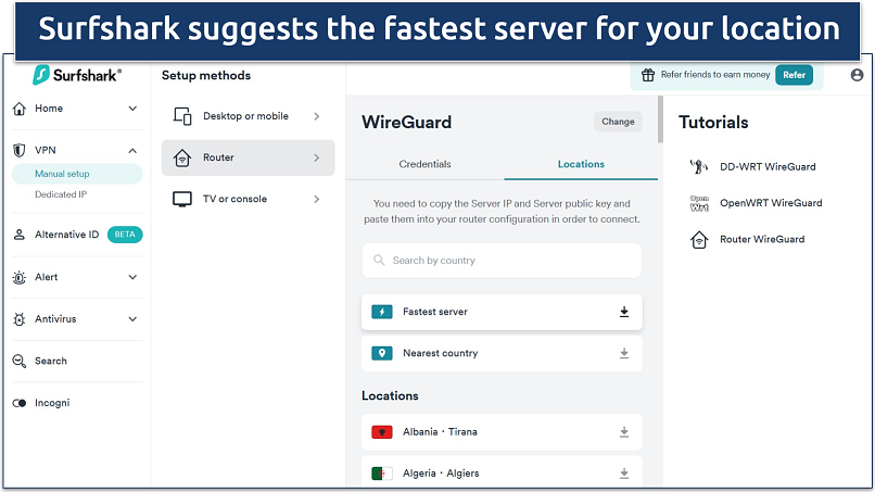 Screenshot of Surfshark’s WireGuard configuration options for routers