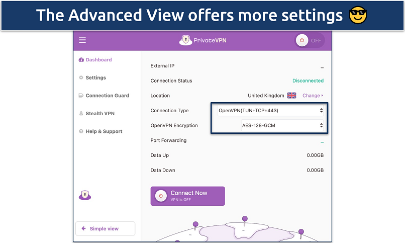Screenshot of PrivateVPN’s Mac app highlighting its settings