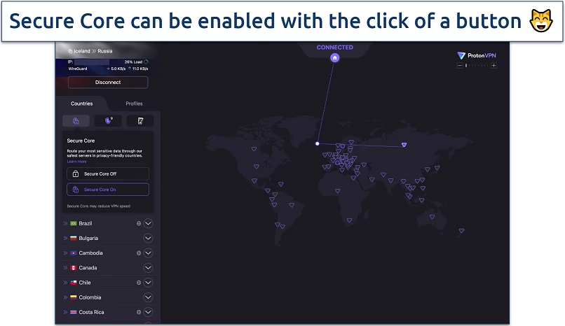 Screenshot of ProtonVPN's interface showing an active VPN connection